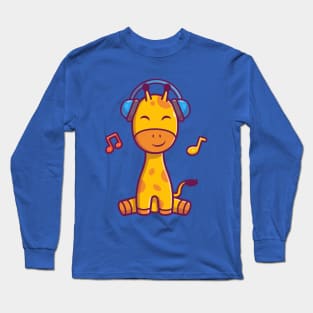 Cute Giraffe Listening Music With Headphone Cartoon Long Sleeve T-Shirt